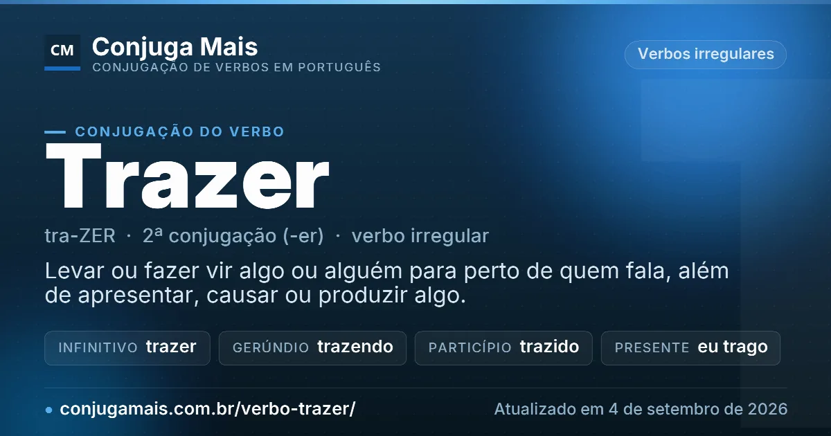 Cartão do verbo trazer com definição, formas principais, endereço da página e data de atualização.
