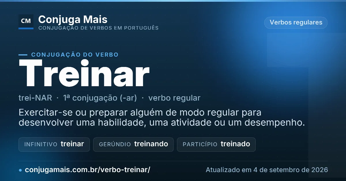 Cartão do verbo treinar com definição, formas principais, endereço da página e data de atualização.