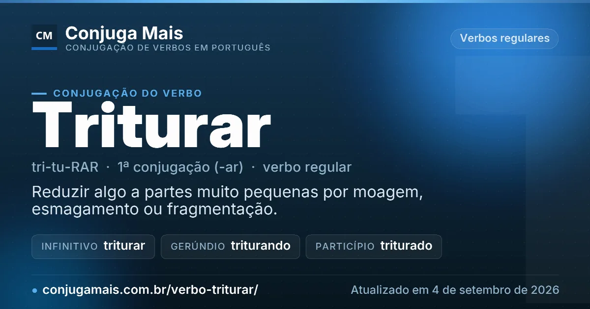 Cartão do verbo triturar com definição, formas principais, endereço da página e data de atualização.