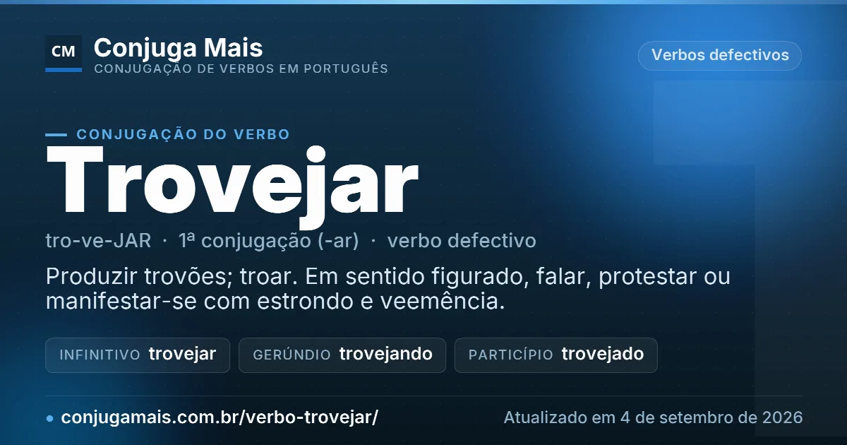 Cartão do verbo trovejar com definição, formas principais, endereço da página e data de atualização.