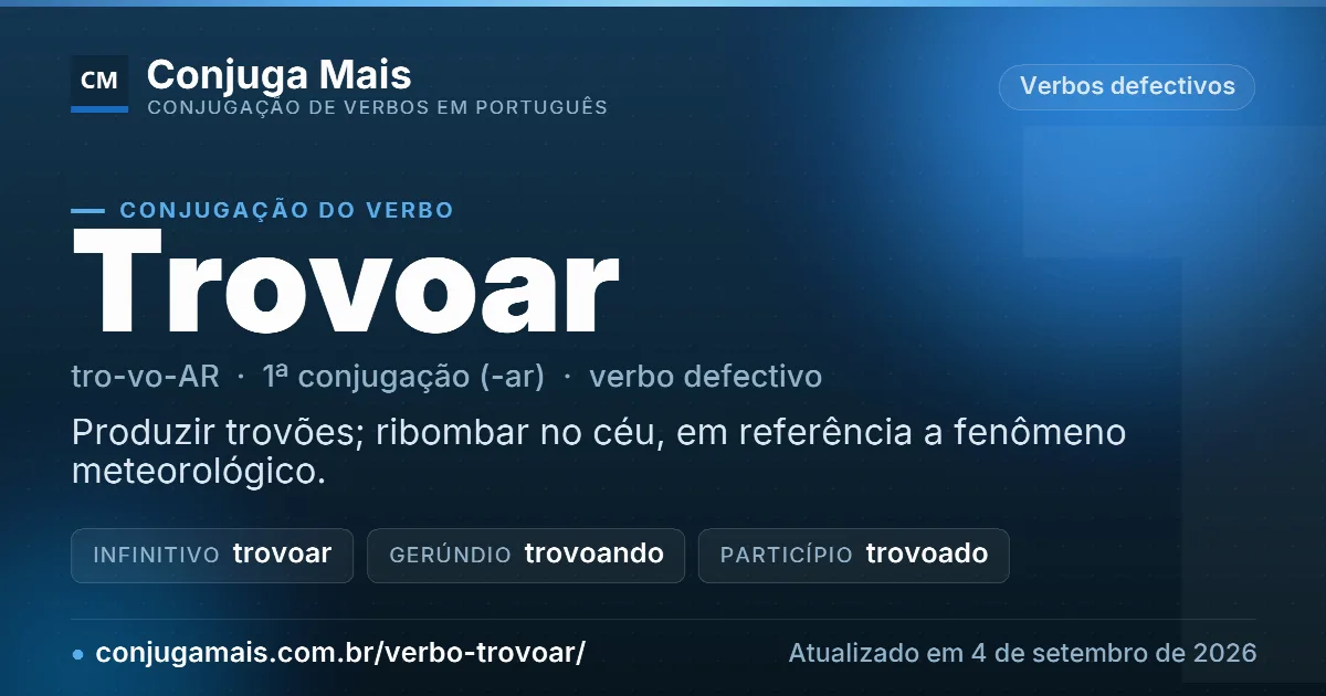 Cartão do verbo trovoar com definição, formas principais, endereço da página e data de atualização.