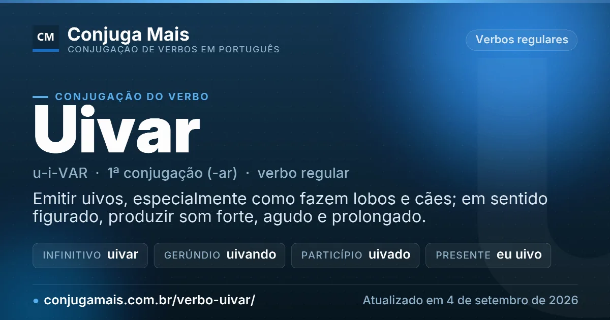 Cartão do verbo uivar com definição, formas principais, endereço da página e data de atualização.