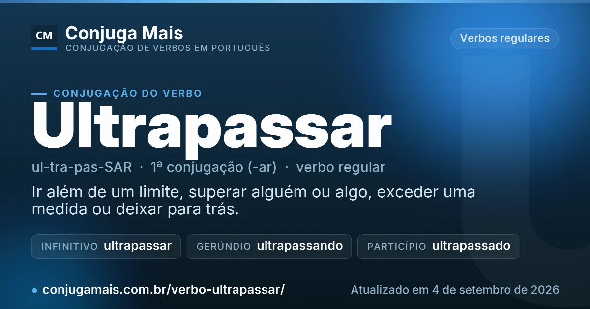 Cartão do verbo ultrapassar com definição, formas principais, endereço da página e data de atualização.