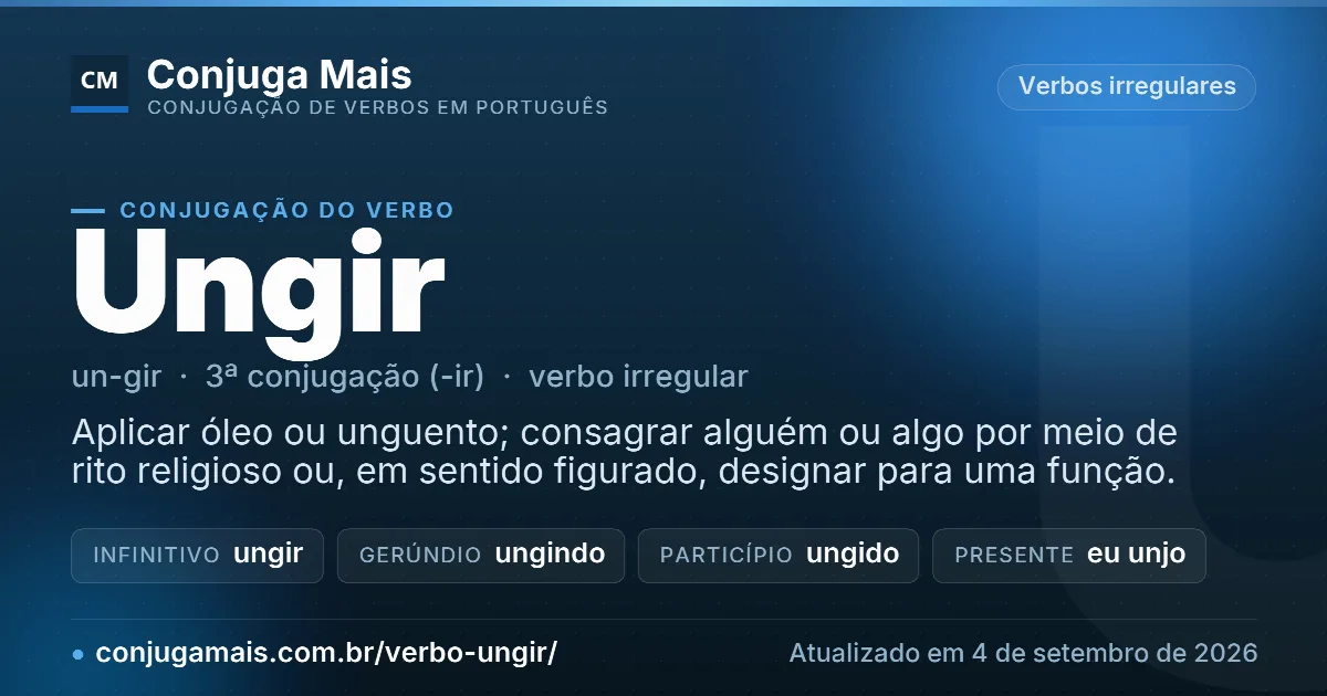 Cartão do verbo ungir com definição, formas principais, endereço da página e data de atualização.