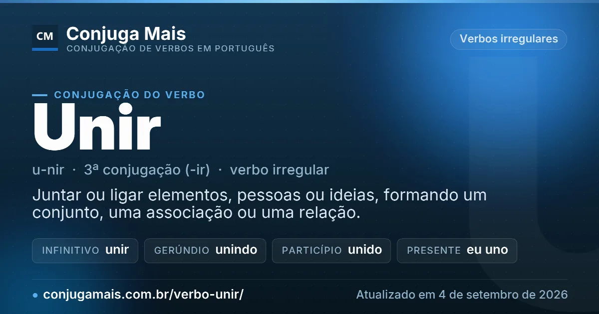 Cartão do verbo unir com definição, formas principais, endereço da página e data de atualização.
