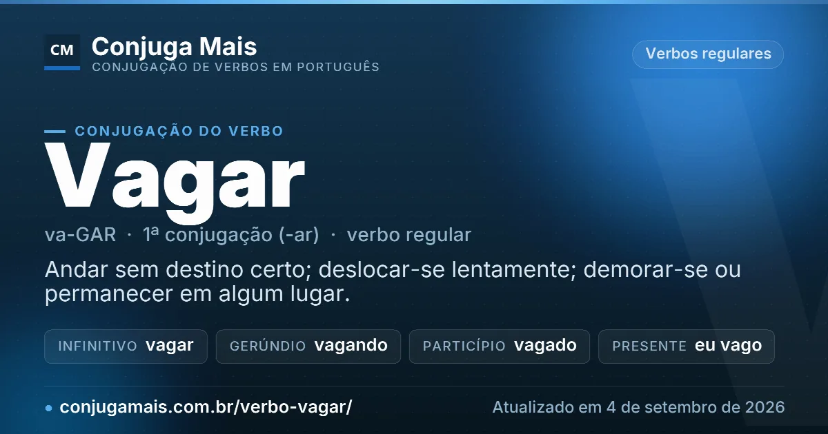 Cartão do verbo vagar com definição, formas principais, endereço da página e data de atualização.
