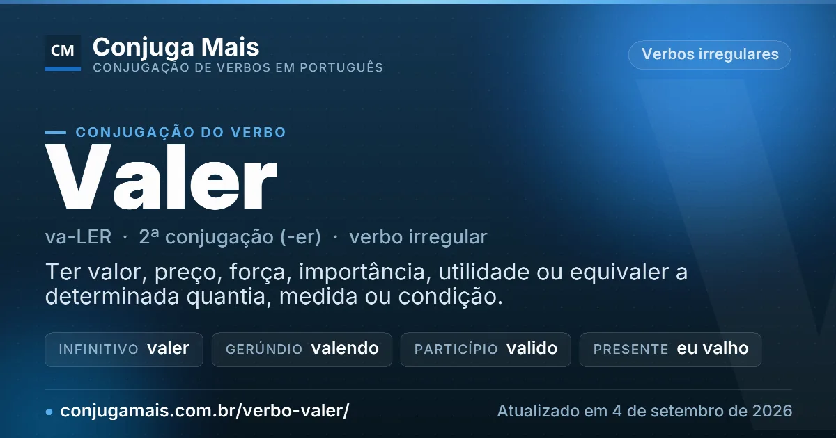Cartão do verbo valer com definição, formas principais, endereço da página e data de atualização.