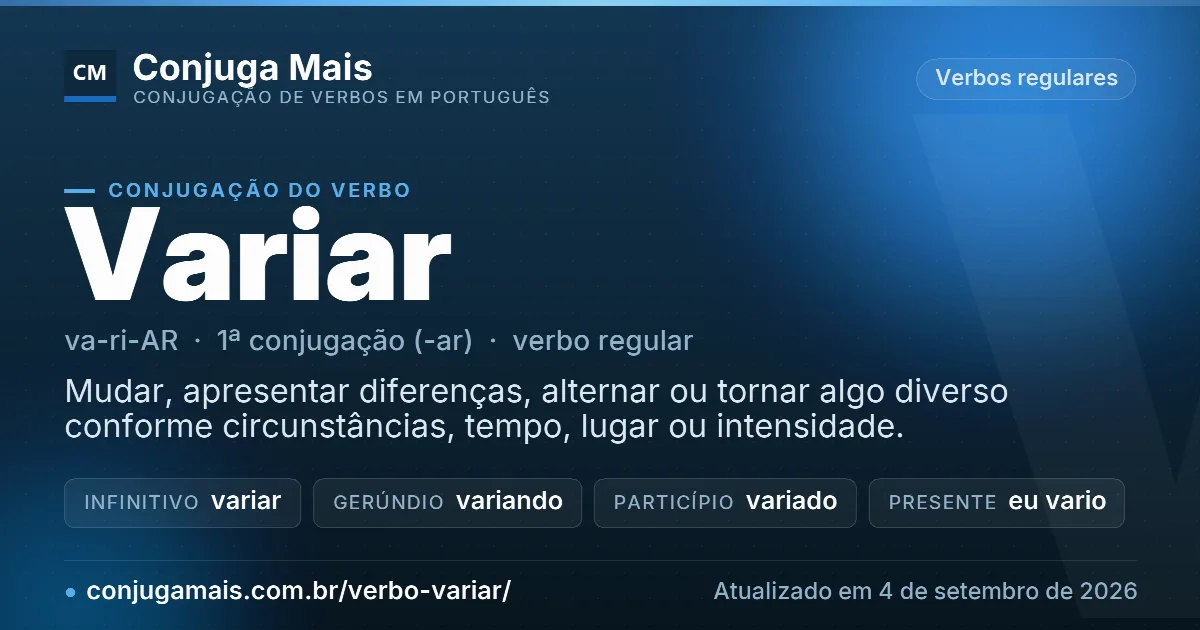 Cartão do verbo variar com definição, formas principais, endereço da página e data de atualização.