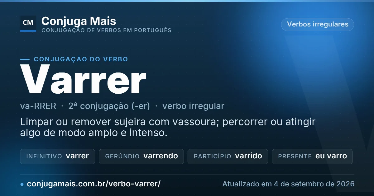 Cartão do verbo varrer com definição, formas principais, endereço da página e data de atualização.