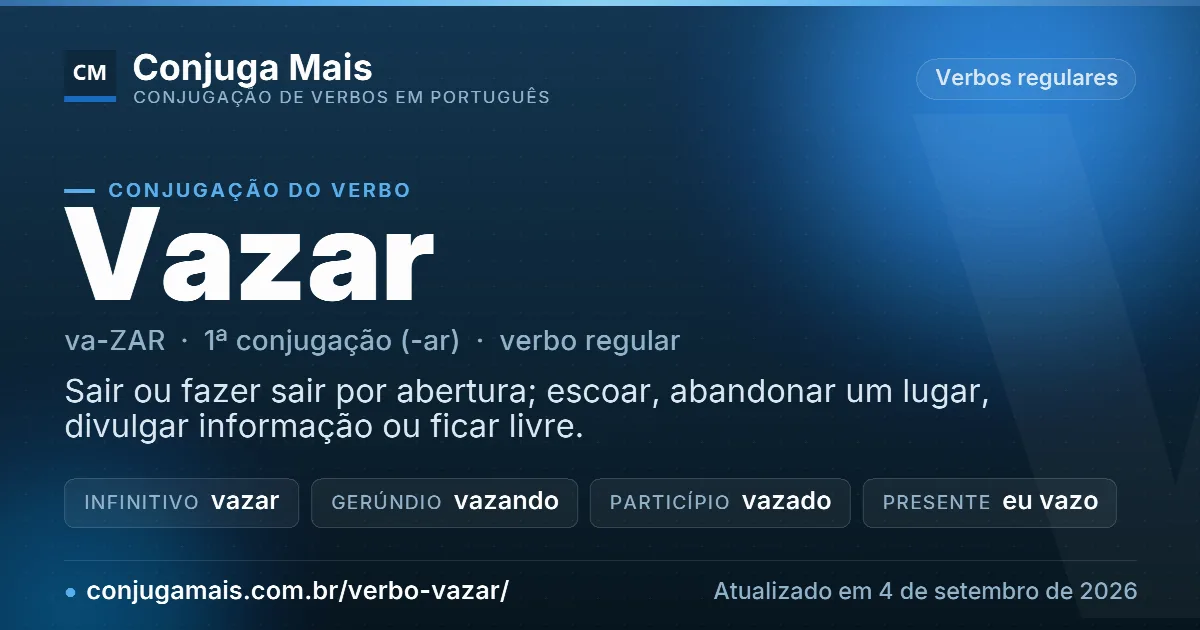 Cartão do verbo vazar com definição, formas principais, endereço da página e data de atualização.