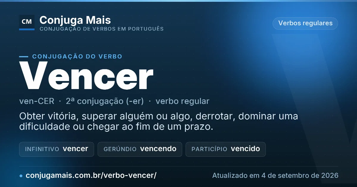 Cartão do verbo vencer com definição, formas principais, endereço da página e data de atualização.