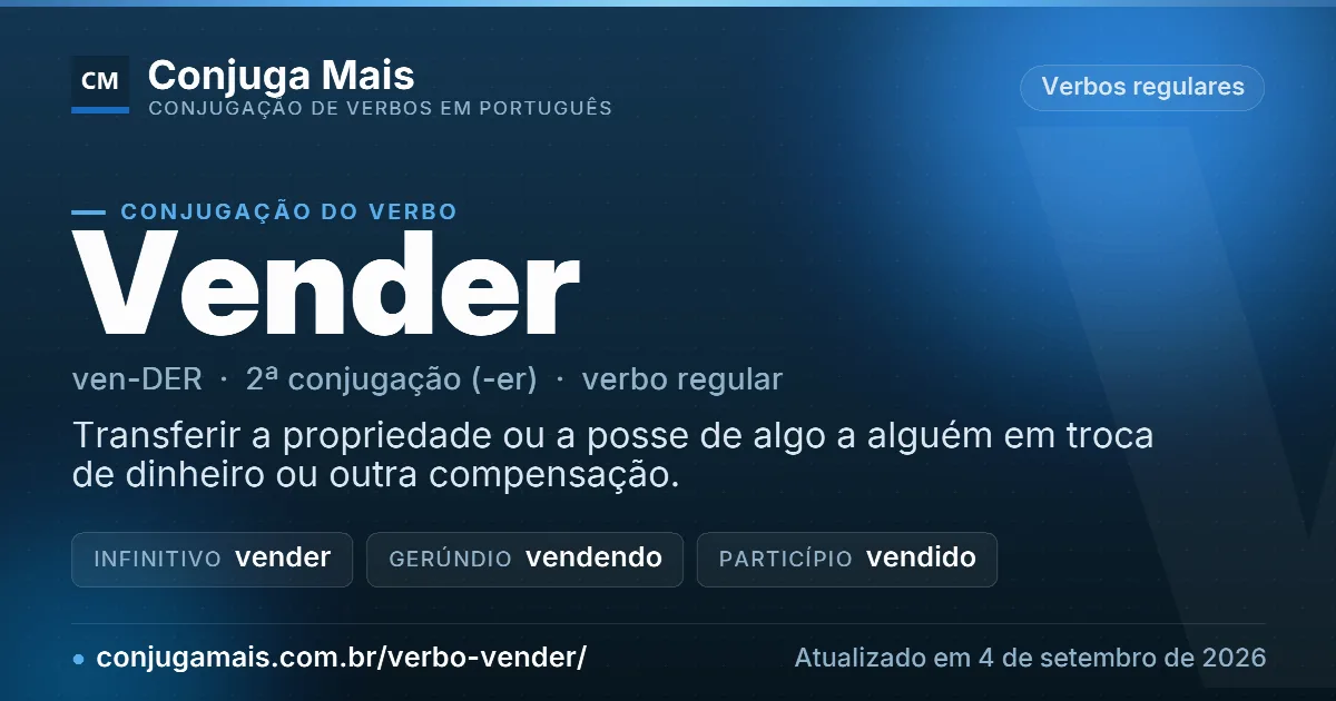 Cartão do verbo vender com definição, formas principais, endereço da página e data de atualização.