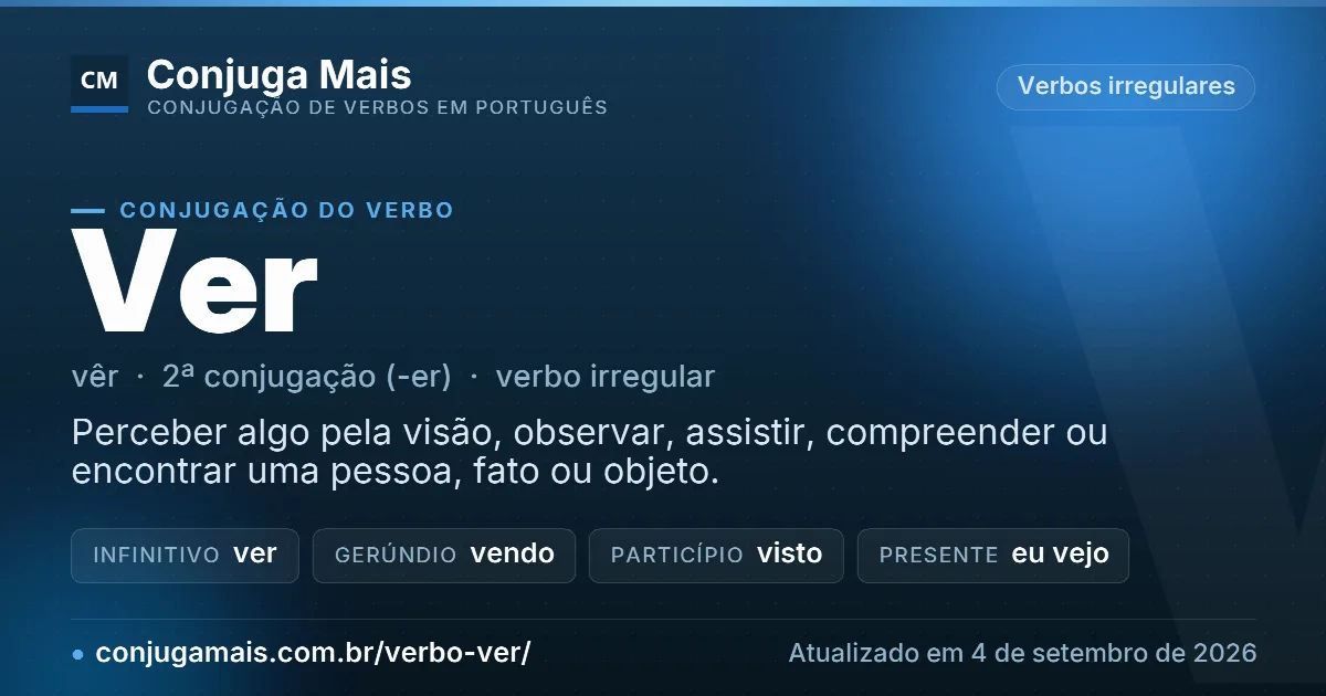 Cartão do verbo ver com definição, formas principais, endereço da página e data de atualização.