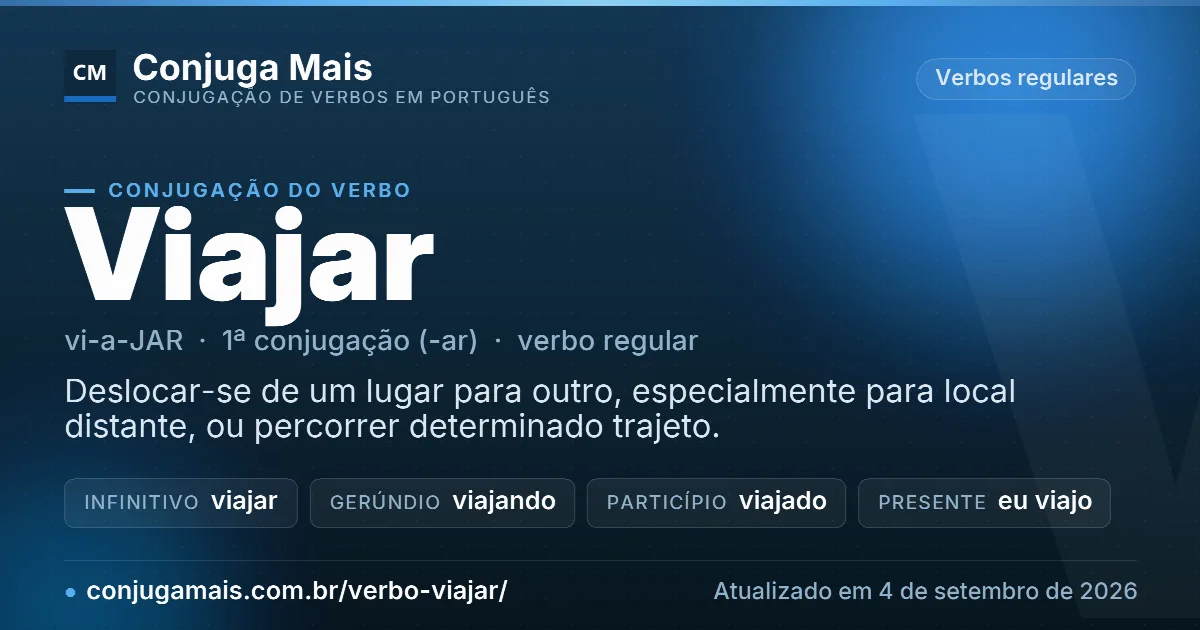 Cartão do verbo viajar com definição, formas principais, endereço da página e data de atualização.