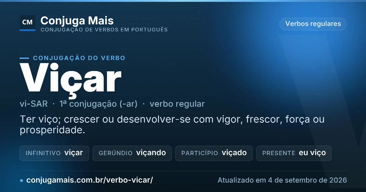 Cartão do verbo viçar com definição, formas principais, endereço da página e data de atualização.