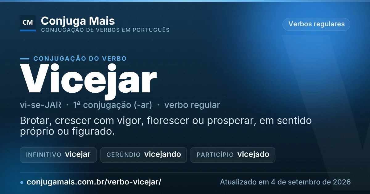 Cartão do verbo vicejar com definição, formas principais, endereço da página e data de atualização.