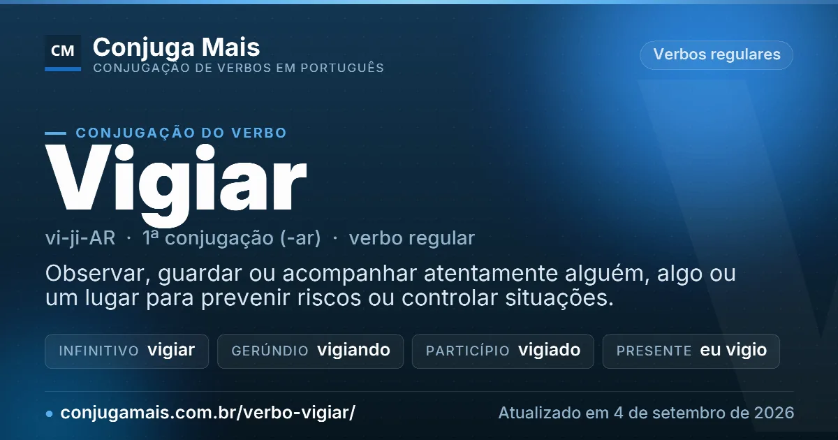 Cartão do verbo vigiar com definição, formas principais, endereço da página e data de atualização.