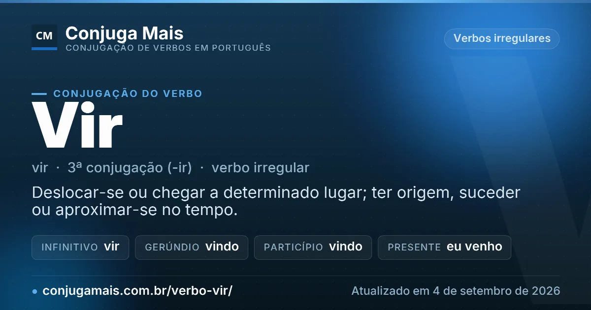 Cartão do verbo vir com definição, formas principais, endereço da página e data de atualização.