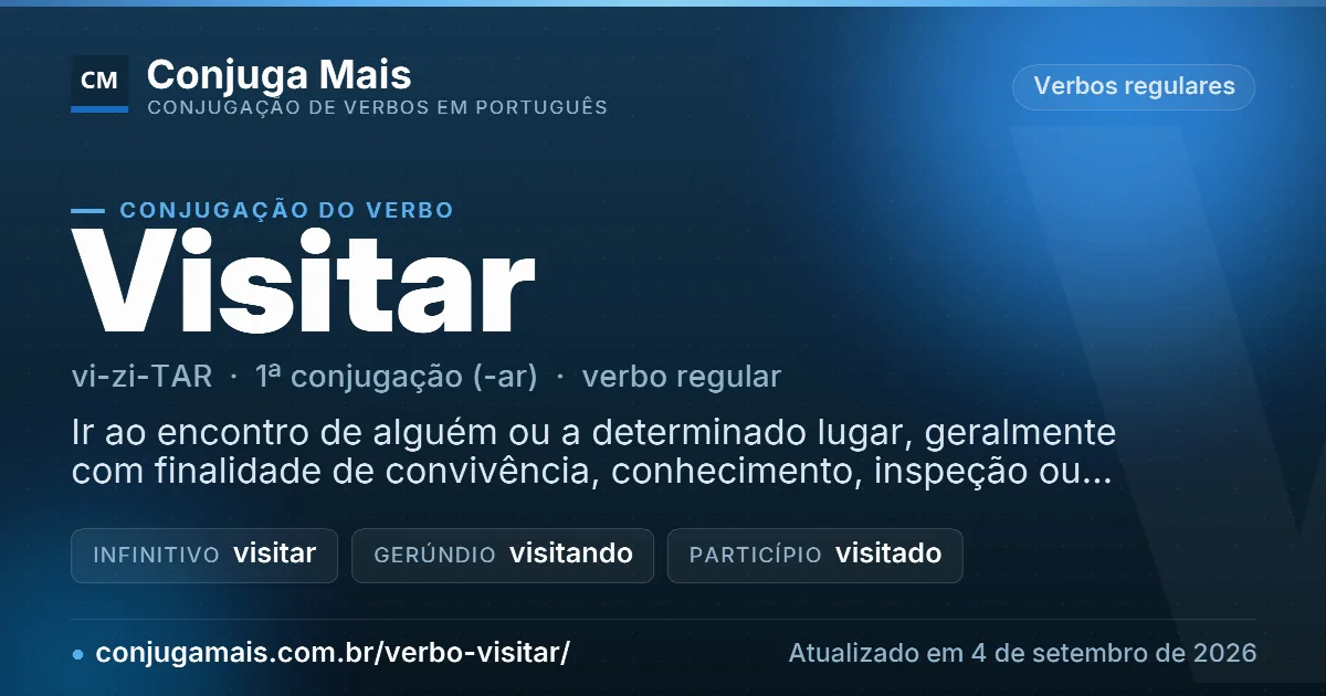 Cartão do verbo visitar com definição, formas principais, endereço da página e data de atualização.