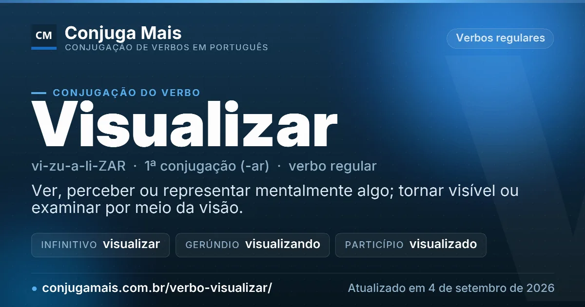 Cartão do verbo visualizar com definição, formas principais, endereço da página e data de atualização.