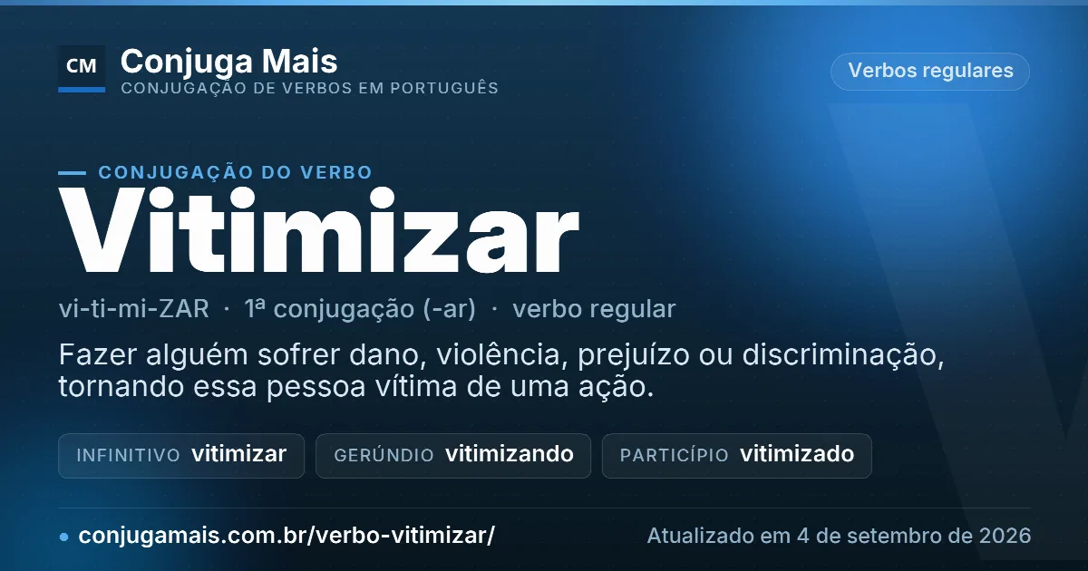 Cartão do verbo vitimizar com definição, formas principais, endereço da página e data de atualização.