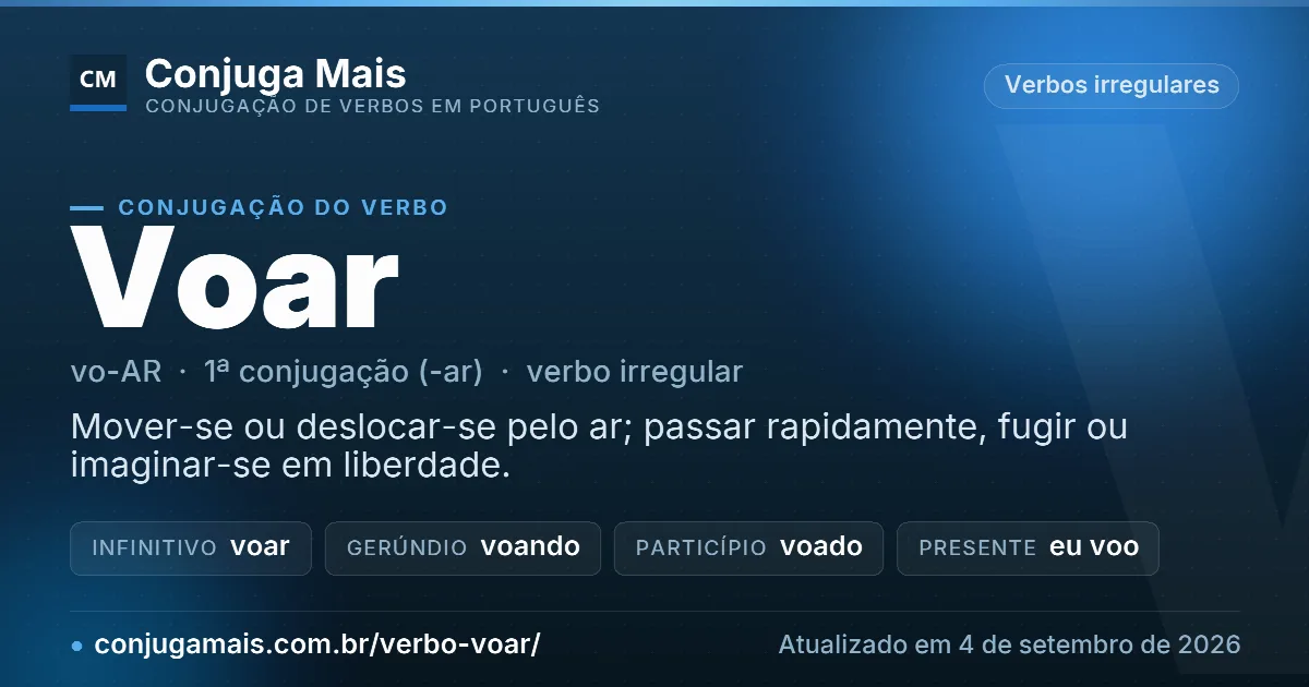 Cartão do verbo voar com definição, formas principais, endereço da página e data de atualização.