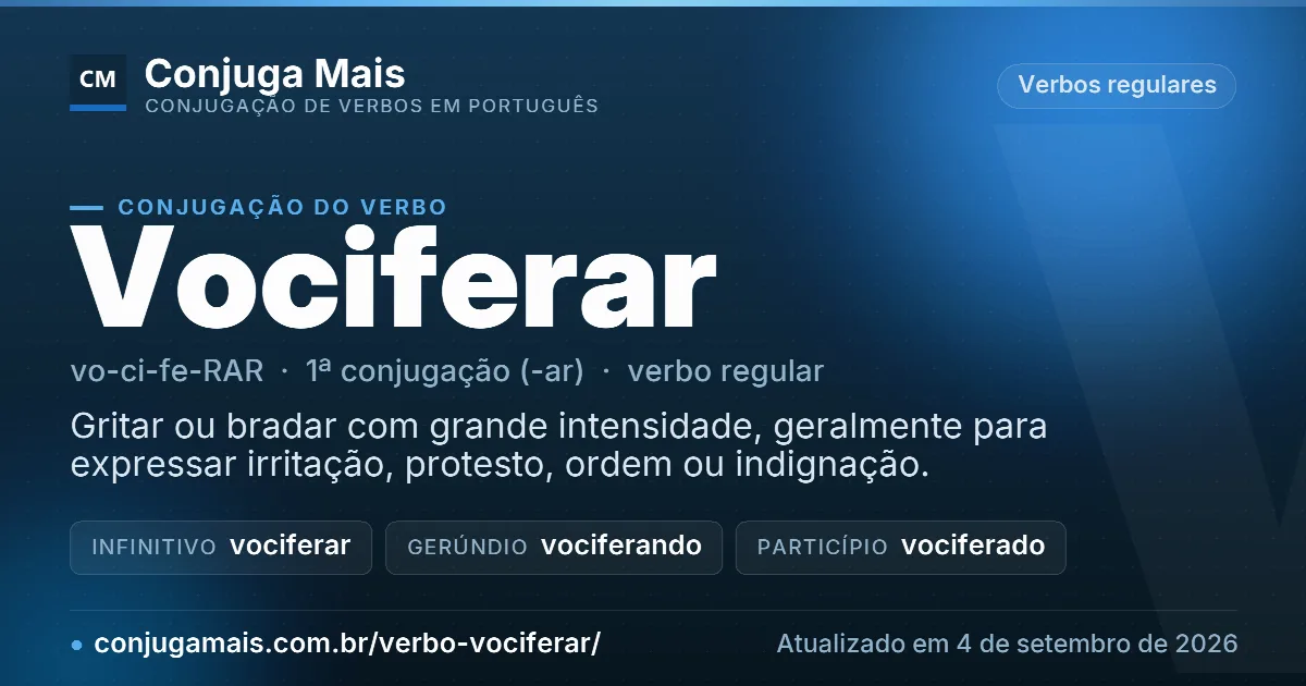 Cartão do verbo vociferar com definição, formas principais, endereço da página e data de atualização.