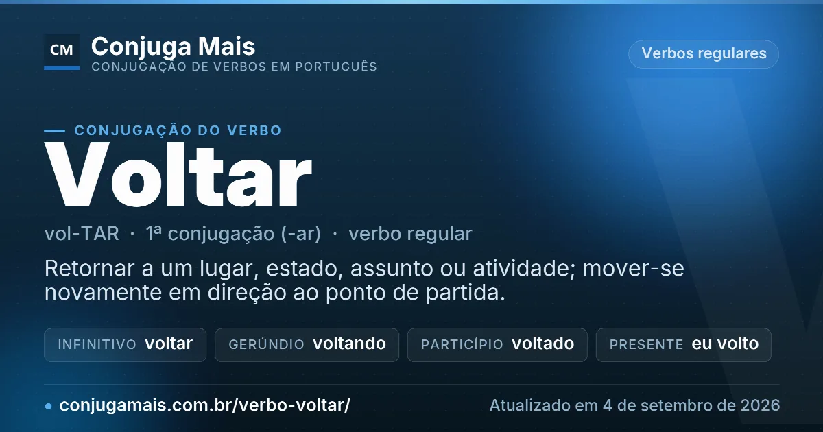 Cartão do verbo voltar com definição, formas principais, endereço da página e data de atualização.