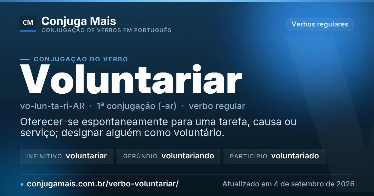Cartão do verbo voluntariar com definição, formas principais, endereço da página e data de atualização.