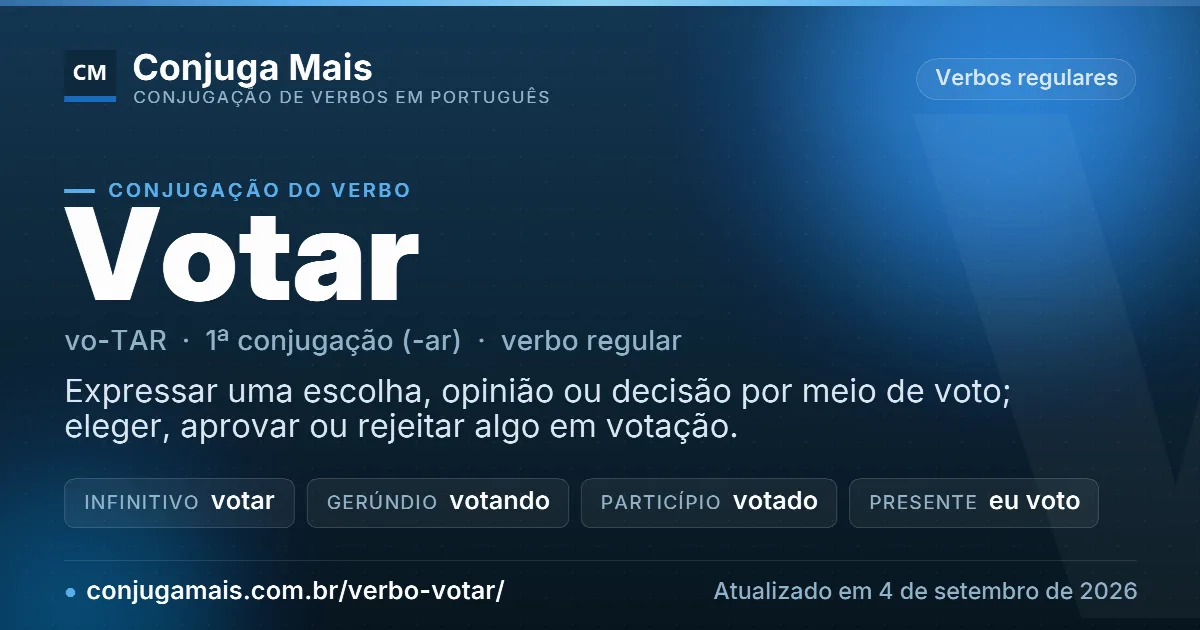 Cartão do verbo votar com definição, formas principais, endereço da página e data de atualização.
