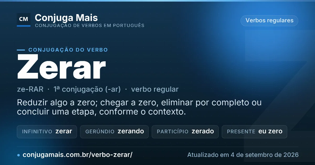 Cartão do verbo zerar com definição, formas principais, endereço da página e data de atualização.