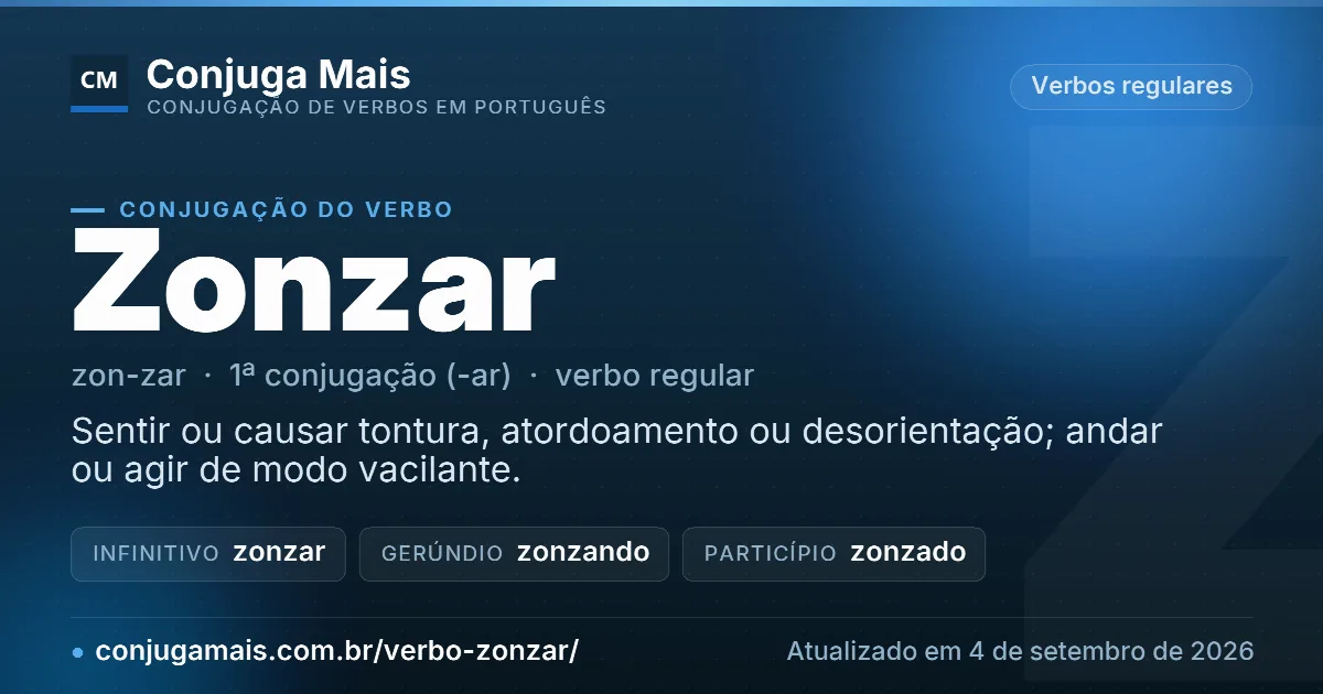 Cartão do verbo zonzar com definição, formas principais, endereço da página e data de atualização.